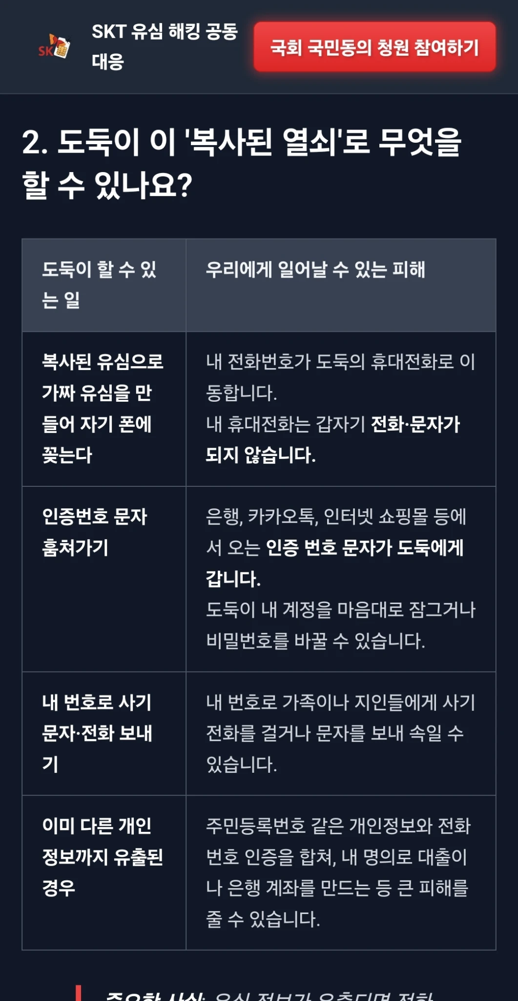 2. 도둑이 이 '복사된 열쇠'로 무엇을 할 수 있나요?
도둑이 할 수 있는 일 / 우리에게 일어날 수 있는 피해
- 복사된 유심으로 가짜 유심을 만들어 자기 폰에 꽂는다 / 내 전화번호가 도둑의 휴대전화로 이동합니다.
내 휴대전화는 갑자기 전화·문자가 되지 않습니다.
-인증번호 문자 훔쳐가기 / 은행, 카카오톡, 인터넷 쇼핑몰 등에서 오는 인증 번호 문자가 도둑에게 갑니다.
도둑이 내 계정을 마음대로 잠그거나 비밀번호를 바꿀 수 있습니다.
-내 번호로 사기 문자·전화 보내기 / 내 번호로 가족이나 지인들에게 사기 전화를 걸거나 문자를 보내 속일 수 있습니다.
-이미 다른 개인정보까지 유출된 경우 / 주민등록번호 같은 개인정보와 전화번호 인증을 합쳐, 내 명의로 대출이나 은행 계좌를 만드는 등 큰 피해를 줄 수 있습니다.